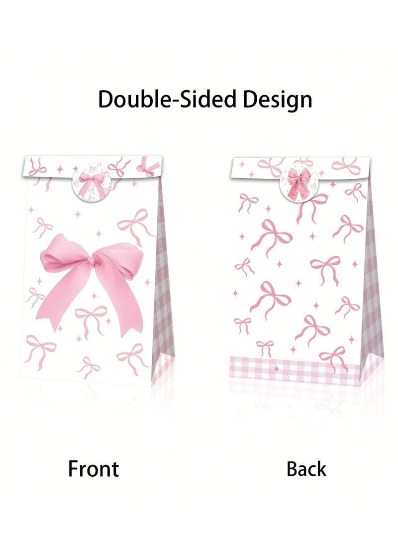 6 قطع من أكياس الهدايا الورقية باللون الوردي والأبيض مزينة بفيونكات مطبوعة من الجانبين مع ستيكر مطبوع لاغلاق الكيس أكياس أنيقة لتغليف وتقديم الهدايا للمناسبات والحفلات - Image 3