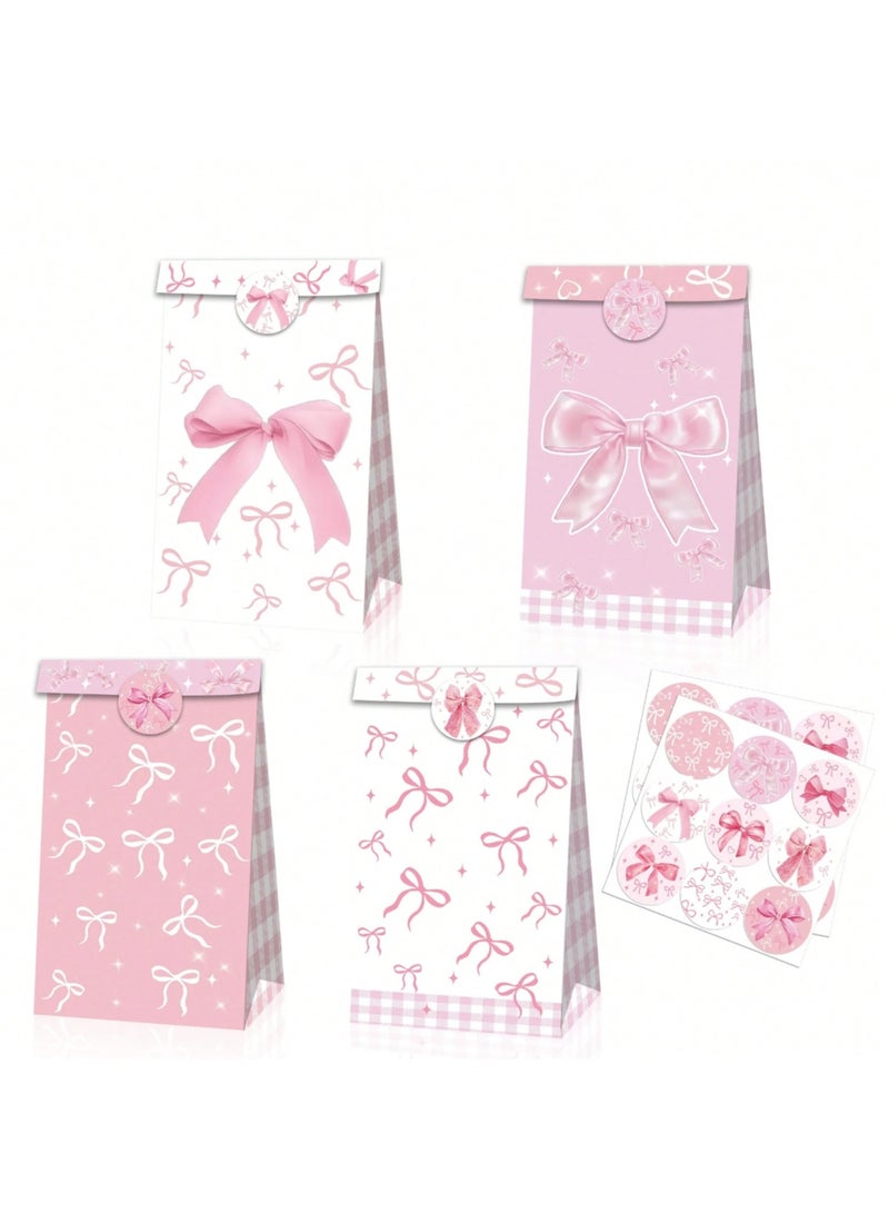 6 قطع من أكياس الهدايا الورقية باللون الوردي والأبيض مزينة بفيونكات مطبوعة من الجانبين مع ستيكر مطبوع لاغلاق الكيس أكياس أنيقة لتغليف وتقديم الهدايا للمناسبات والحفلات - Image 1