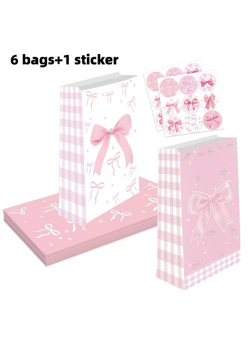 6 قطع من أكياس الهدايا الورقية باللون الوردي والأبيض مزينة بفيونكات مطبوعة من الجانبين مع ستيكر مطبوع لاغلاق الكيس أكياس أنيقة لتغليف وتقديم الهدايا للمناسبات والحفلات - Image 2
