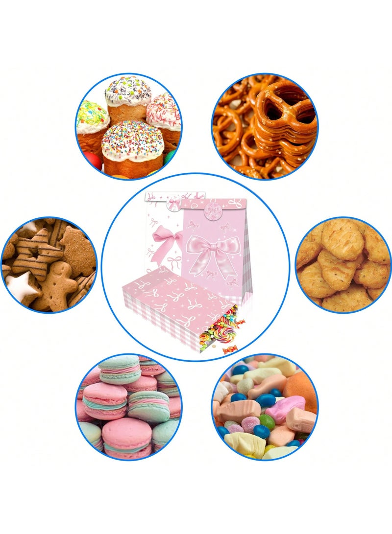 6 قطع من أكياس الهدايا الورقية باللون الوردي والأبيض مزينة بفيونكات مطبوعة من الجانبين مع ستيكر مطبوع لاغلاق الكيس أكياس أنيقة لتغليف وتقديم الهدايا للمناسبات والحفلات - Image 5