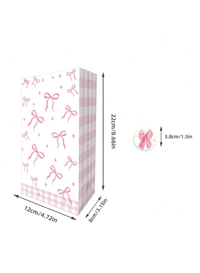 6 قطع من أكياس الهدايا الورقية باللون الوردي والأبيض مزينة بفيونكات مطبوعة من الجانبين مع ستيكر مطبوع لاغلاق الكيس أكياس أنيقة لتغليف وتقديم الهدايا للمناسبات والحفلات - Image 4