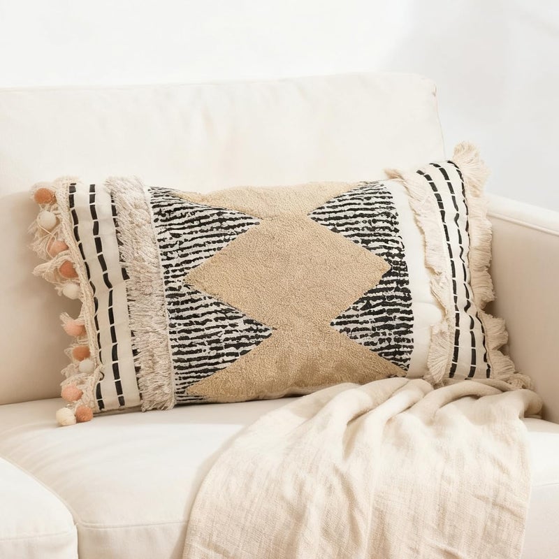 RinRinfam 1Pc Boho Textured Lumbar Pillow Cover 12x 20, Diamond Woven Tufted Farmhouse Neutral Decorative Linen Pillow Cushion Case,Geometric Home Decor for Outdoor Couch Bedroom Car Black and White - Image 1