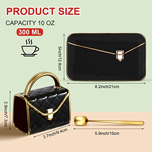 Zubebe 1 Set Coffee Mug Elegant Handbag Shaped Cup Modern Ceramic Purse Mug with Spoon and Saucer 10oz Cute Creative Tea Cup for Woman Girls Gift Black - Image 3