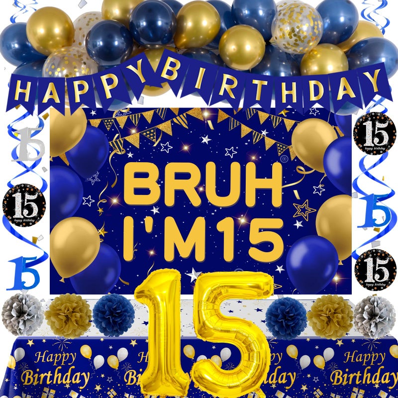 Distasio 15th Birthday Decorations for Boys Blue and Gold Happy 15th Birthday Decorations Boy Bruh Im 15 Backdrop Happy Birthday Banner Tablecover Number 15 Balloons Pompoms15 Year Old Boy Bday Party Decor - Image 3