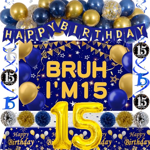 Distasio 15th Birthday Decorations for Boys Blue and Gold Happy 15th Birthday Decorations Boy Bruh Im 15 Backdrop Happy Birthday Banner Tablecover Number 15 Balloons Pompoms15 Year Old Boy Bday Party Decor - Image 1