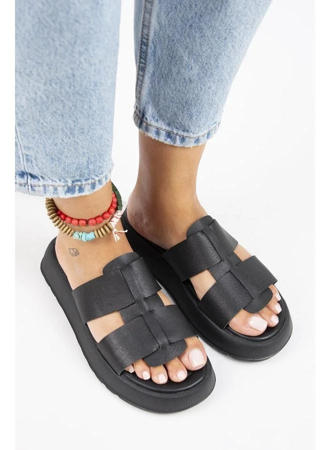 Manijero  Paris Women's Genuine Leather Double Strap Black Slippers - Black for Women | Best Price UAE