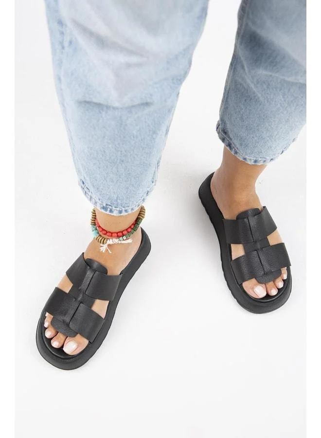 Paris Women's Genuine Leather Double Strap Black Slippers - Black