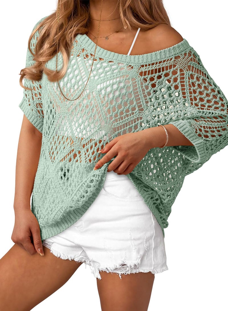 Dokotoo Swimsuit Coverup for Women Summer Short Sleeve Knit Sweaters Crochet Tops for Women Off Shoulder Casual Boho Color Block Beach Vacation Clothes 2026 Fashion Hollow Out Cruise Outfits Green XL - Image 1