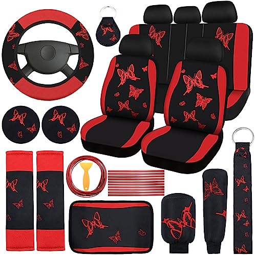 BBTO مجموعة كاملة من ملحقات السيارة على شكل فراشة BBTO 43 قطعة لنساء 5 أغطية مقاعد أمامية وخلفية حزام معصم 2 قطعة حصيرة أكواب وسادة مسند ذراع 2 غطاء حزام ملحقات لسيارات الدفع الرباعي (أحمر، أسود) - Image 1