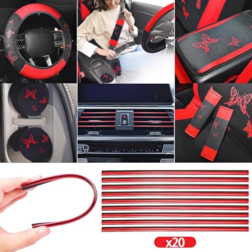 BBTO مجموعة كاملة من ملحقات السيارة على شكل فراشة BBTO 43 قطعة لنساء 5 أغطية مقاعد أمامية وخلفية حزام معصم 2 قطعة حصيرة أكواب وسادة مسند ذراع 2 غطاء حزام ملحقات لسيارات الدفع الرباعي (أحمر، أسود) - Image 4