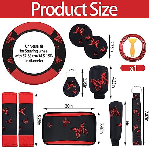 BBTO مجموعة كاملة من ملحقات السيارة على شكل فراشة BBTO 43 قطعة لنساء 5 أغطية مقاعد أمامية وخلفية حزام معصم 2 قطعة حصيرة أكواب وسادة مسند ذراع 2 غطاء حزام ملحقات لسيارات الدفع الرباعي (أحمر، أسود) - Image 5