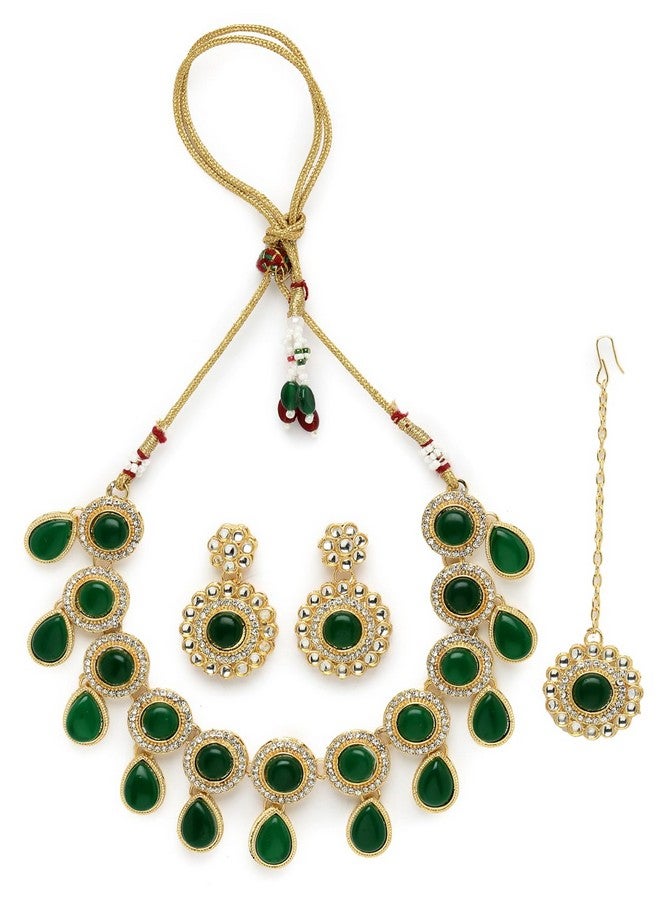 Sukkhi Bewitching Drop Shaped AD Green Stones Collar Bone Necklace Set With Earring And Maangtika | Jewellery Set For Women (NS105614) - Image 1