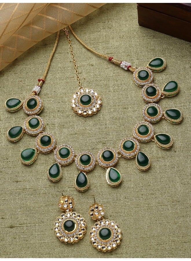 Sukkhi Bewitching Drop Shaped AD Green Stones Collar Bone Necklace Set With Earring And Maangtika | Jewellery Set For Women (NS105614) - Image 3