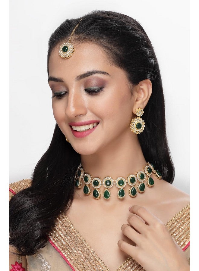 Sukkhi Bewitching Drop Shaped AD Green Stones Collar Bone Necklace Set With Earring And Maangtika | Jewellery Set For Women (NS105614) - Image 2