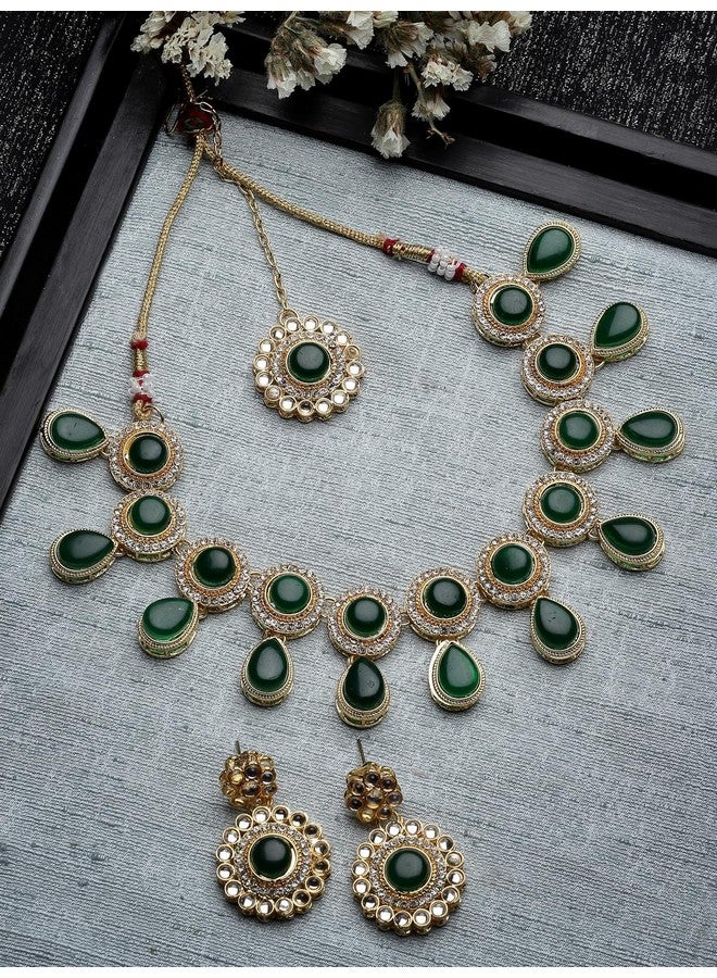 Sukkhi Bewitching Drop Shaped AD Green Stones Collar Bone Necklace Set With Earring And Maangtika | Jewellery Set For Women (NS105614) - Image 4