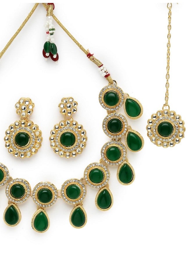 Sukkhi Bewitching Drop Shaped AD Green Stones Collar Bone Necklace Set With Earring And Maangtika | Jewellery Set For Women (NS105614) - Image 5