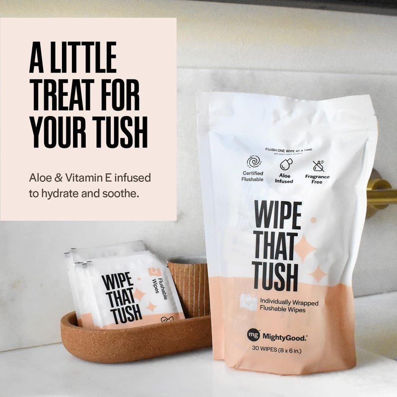 MightyGood. Wipe That Tush On-The-Go Flushable Wipes - 1 Pack of 30 Individually Wrapped Wipes - Fragrance Free - Extra Large & Soft - Hypoallergenic With Aloe & Vitamin E - Septic-Safe - Image 3