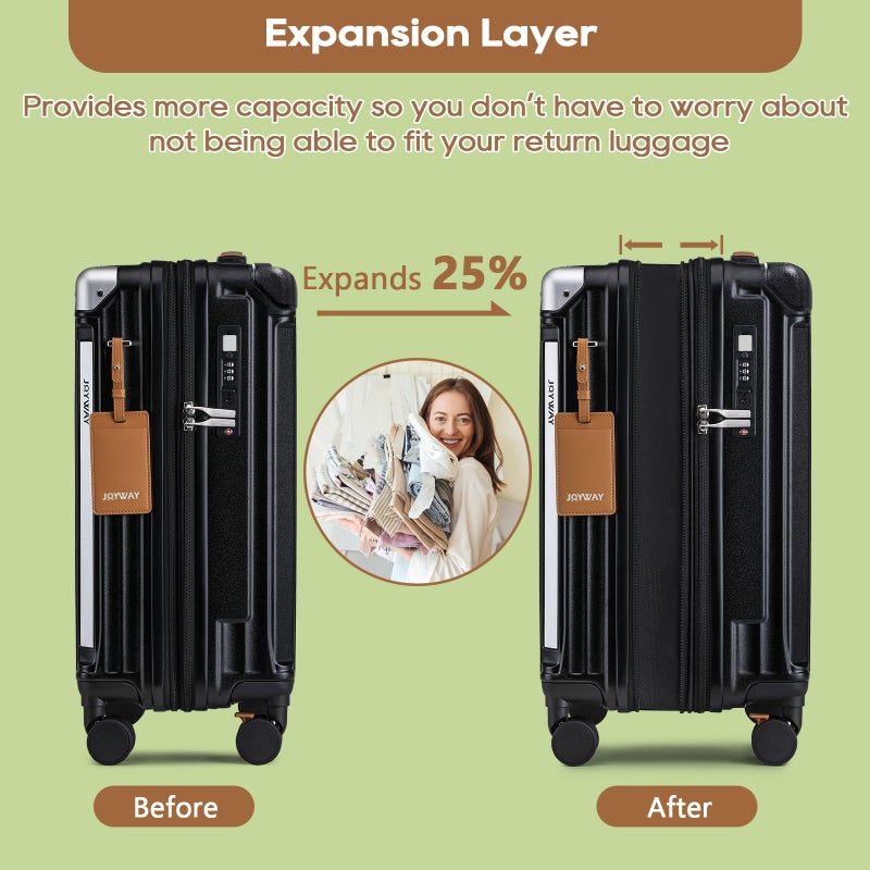 Joyway حقيبة سفر جوي واي 20 بوصة مع حامل أكواب ومنفذ USB، سعة قابلة للتوسع بنسبة 25%، حقيبة ذكية بعجلات مضادة للانزلاق وحقيبة يد، مثالية للرجال والنساء مجموعة من 3 قطع باللون الأسود - Image 4