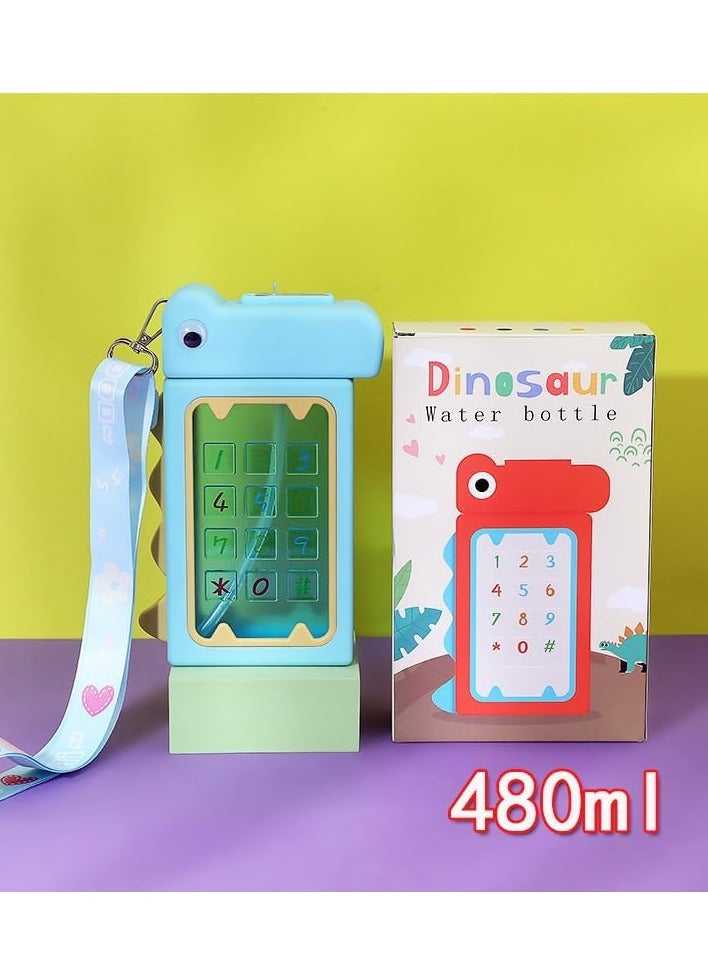 تويسو زجاجة مياه بتصميم دينو من Twisoo للأطفال، زجاجة تريتان مقاومة للتسرب مع حزام، خالية من البيسفينول A، غير قابلة للانسكاب، 480 مل، أزرق - Image 2