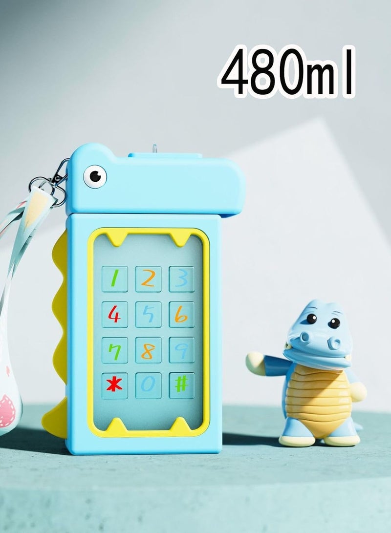 تويسو زجاجة مياه بتصميم دينو من Twisoo للأطفال، زجاجة تريتان مقاومة للتسرب مع حزام، خالية من البيسفينول A، غير قابلة للانسكاب، 480 مل، أزرق - Image 4