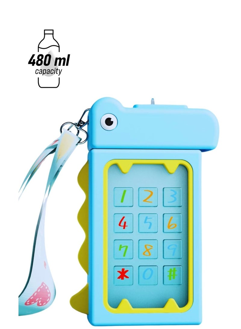 تويسو زجاجة مياه بتصميم دينو من Twisoo للأطفال، زجاجة تريتان مقاومة للتسرب مع حزام، خالية من البيسفينول A، غير قابلة للانسكاب، 480 مل، أزرق - Image 1