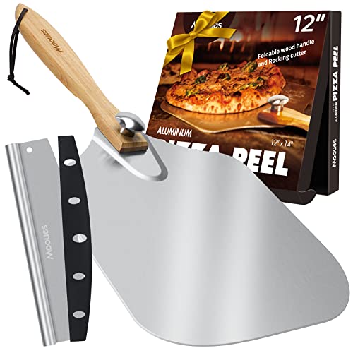 Mooues Pizza Peel Aluminum Pizza Spatula, Mooues 12 inch Metal Pizza Paddle(12"x 14")with Rocker Cutter Foldable Wood Handle, [Storage bag included], for Family Pizza Oven Baking Pizza, Dough, Bread & Pastry - Image 1