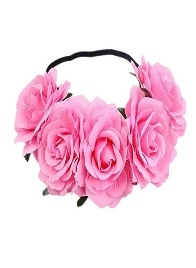 DNHCLL Rose Flower Crown Headband (Pink) for Women Girl - Handmade Polyester Hair Accessory with Elastic Bands - Perfect for Weddings, Festivals, Photoshoots, and Everyday Wear - Image 1