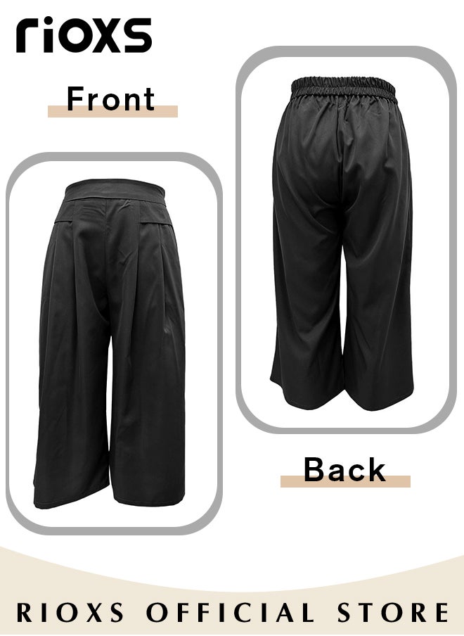 RIOXS - Women's Fashion Cotton Skirt Pants Elastic Waist Wide Leg Pants Casual Loose Work Pants with Pockets - Image 1
