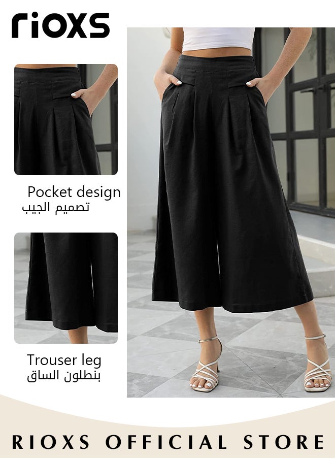 RIOXS - Women's Fashion Cotton Skirt Pants Elastic Waist Wide Leg Pants Casual Loose Work Pants with Pockets - Image 1