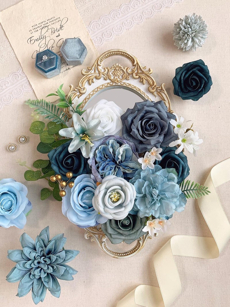 FACINOC Roses Artificial Flowers Blue Fake Flower Bulk for DIY Wedding Bouquet Bridal Baby Shower Centerpiece Table Decorations Silk Faux Floral Arrangements for Party Home Decor Cake Decorating - Image 3