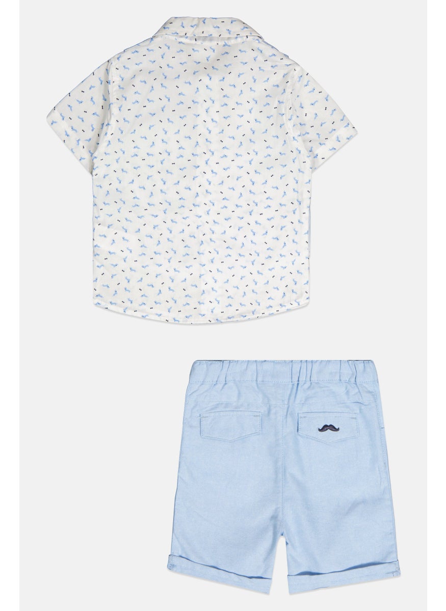 Little Gent Kids Boy 3 Piece Allover Printed Shirt And Shorts, Blue  - Image 2
