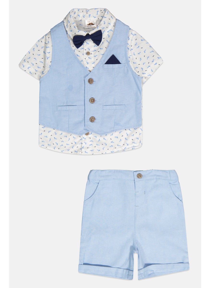 Little Gent Kids Boy 3 Piece Allover Printed Shirt And Shorts, Blue  - Image 1
