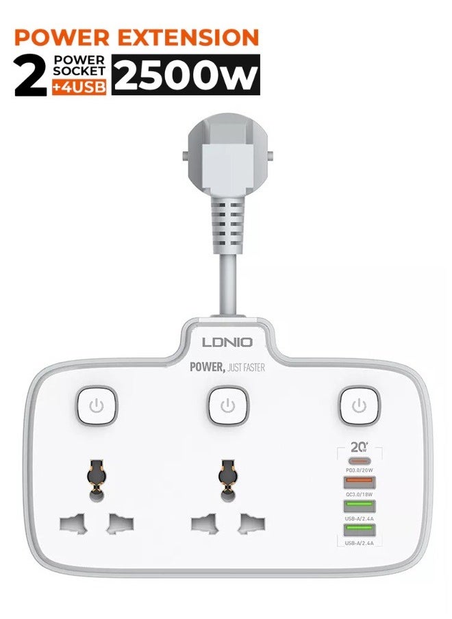 Multi Plug Adaptor, 2 Way Plugs Extension Multi Sockets Wall Charger Adapter with 1 PD & 1 QC3.0 And 2 Auto I'D Ports, 2500W Power Socket for Home, Office And More 