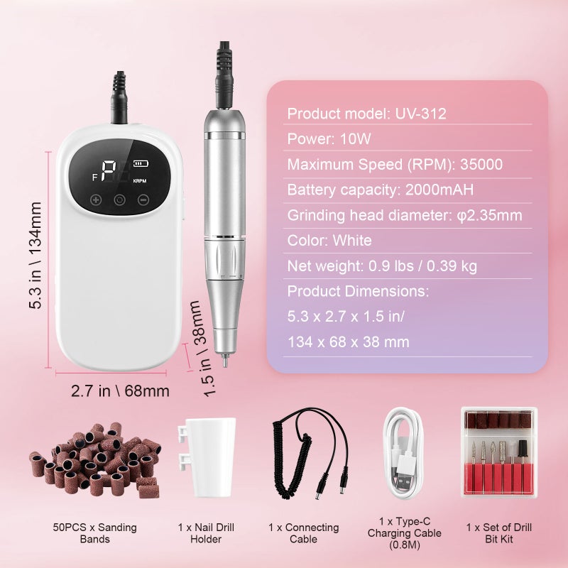 Electric Rechargeable Nail Drill, 35,000RPM Portable Cordless Nail E File Machine, LCD-Display Acrylic Gel Grinder Tool with 6 Bits and 50PCS Sanding Bands for Manicure Pedicure Carve Polish - Image 3