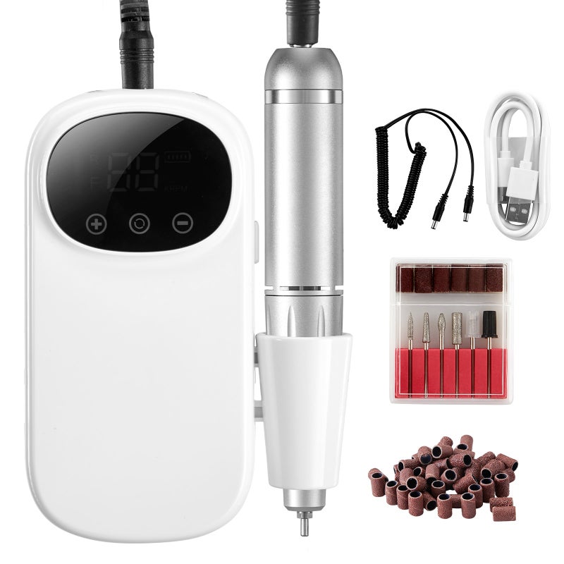 Electric Rechargeable Nail Drill, 35,000RPM Portable Cordless Nail E File Machine, LCD-Display Acrylic Gel Grinder Tool with 6 Bits and 50PCS Sanding Bands for Manicure Pedicure Carve Polish - Image 1