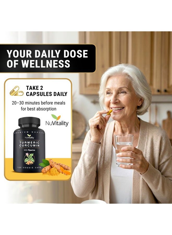 NuVitality كبسولات الكركم الكركمين مع البيبيرين (مستخلص الفلفل الأسود) - 120 كبسولة نباتية - جودة ممتازة مع 95% من الكركمينات الموحدة - أفضل امتصاص وفعالية - مكمل لتخفيف الألم ودعم المفاصل - Image 4