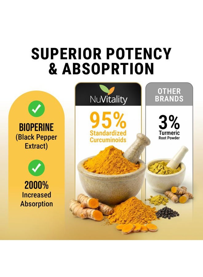 NuVitality كبسولات الكركم الكركمين مع البيبيرين (مستخلص الفلفل الأسود) - 120 كبسولة نباتية - جودة ممتازة مع 95% من الكركمينات الموحدة - أفضل امتصاص وفعالية - مكمل لتخفيف الألم ودعم المفاصل - Image 3