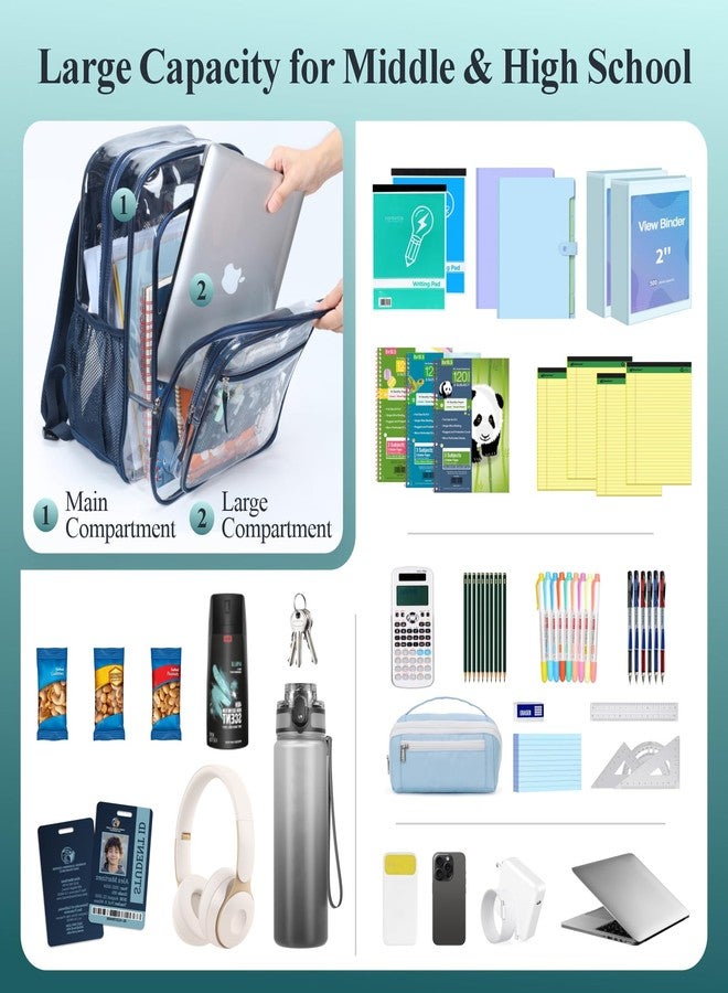 باكيزم حقيبة ظهر شفافة من باكسم للمدرسة - حقيبة كتب شفافة متينة مقاس 18 بوصة للأولاد والبنات، حقائب ظهر مدرسية شفافة، أزرق داكن، كبير، XL، قسمان رئيسيان و3 جيوب أمامية - Image 4