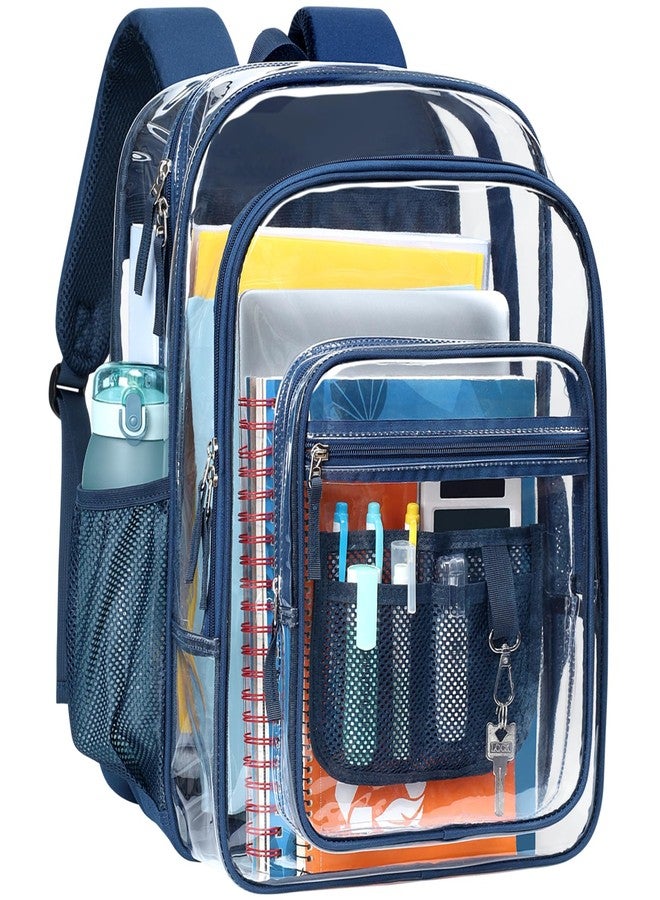باكيزم حقيبة ظهر شفافة من باكسم للمدرسة - حقيبة كتب شفافة متينة مقاس 18 بوصة للأولاد والبنات، حقائب ظهر مدرسية شفافة، أزرق داكن، كبير، XL، قسمان رئيسيان و3 جيوب أمامية - Image 1