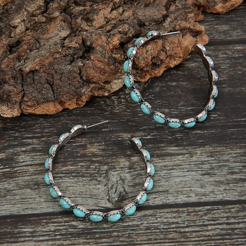 Pingyongchang Boho Turquoise Oval Drop Dangle Earrings for Women Beaded Western Flower Teardrop Earrings Vintage Ethnic Alloy Pendant Jewelry Gift (HOOP EARRINGS) - Image 3