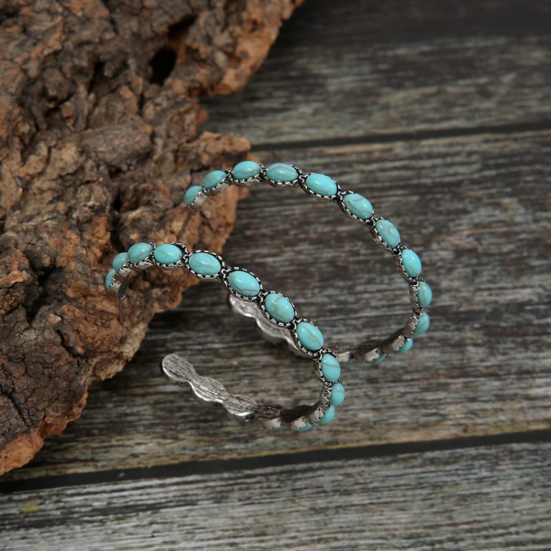 Pingyongchang Boho Turquoise Oval Drop Dangle Earrings for Women Beaded Western Flower Teardrop Earrings Vintage Ethnic Alloy Pendant Jewelry Gift (HOOP EARRINGS) - Image 4
