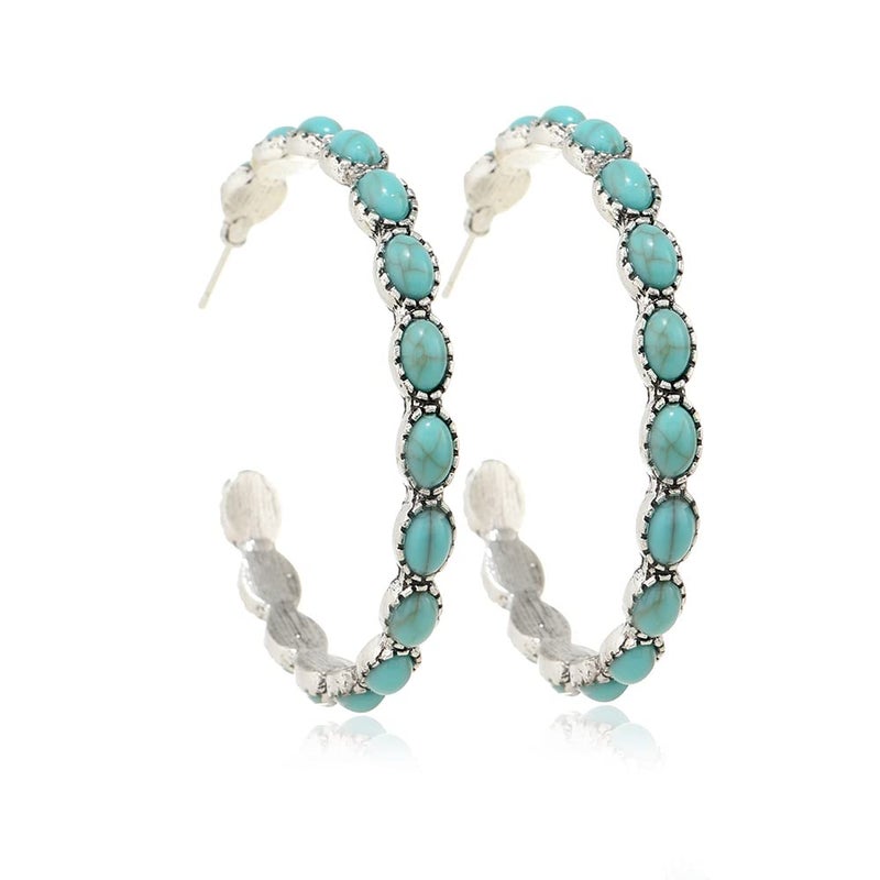 Pingyongchang Boho Turquoise Oval Drop Dangle Earrings for Women Beaded Western Flower Teardrop Earrings Vintage Ethnic Alloy Pendant Jewelry Gift (HOOP EARRINGS) - Image 1