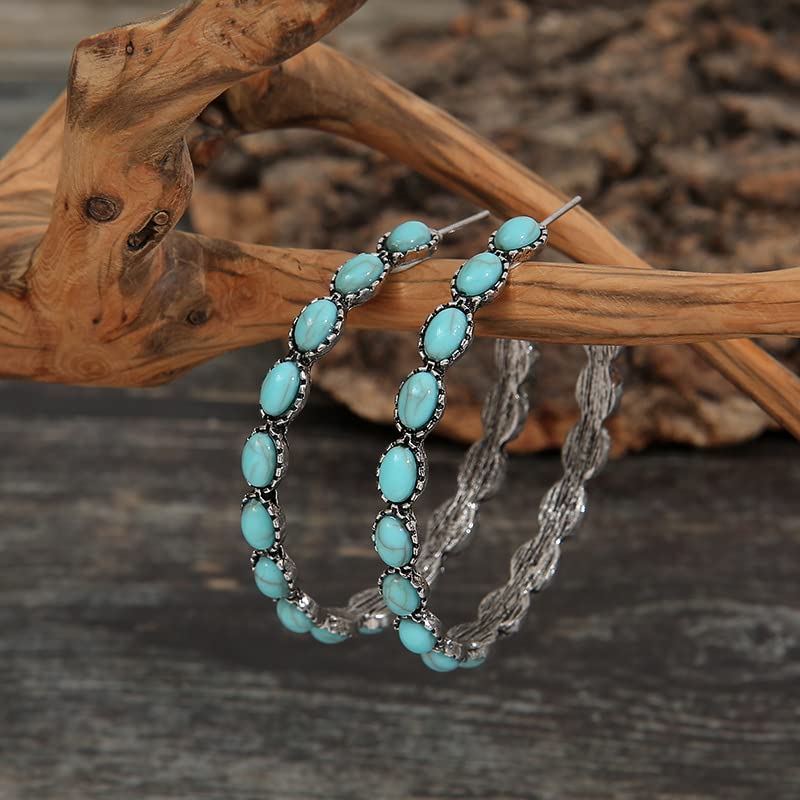 Pingyongchang Boho Turquoise Oval Drop Dangle Earrings for Women Beaded Western Flower Teardrop Earrings Vintage Ethnic Alloy Pendant Jewelry Gift (HOOP EARRINGS) - Image 2