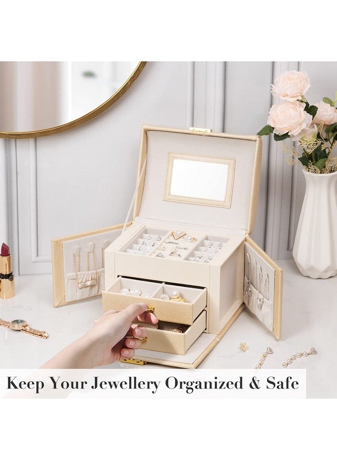 YouBella Jewellery Organiser MultiLayer PU Leather Portable Lockable Storage Box Case with Dividers Container for Rings, Earrings, Necklace Home Organizer, Beige - Image 4