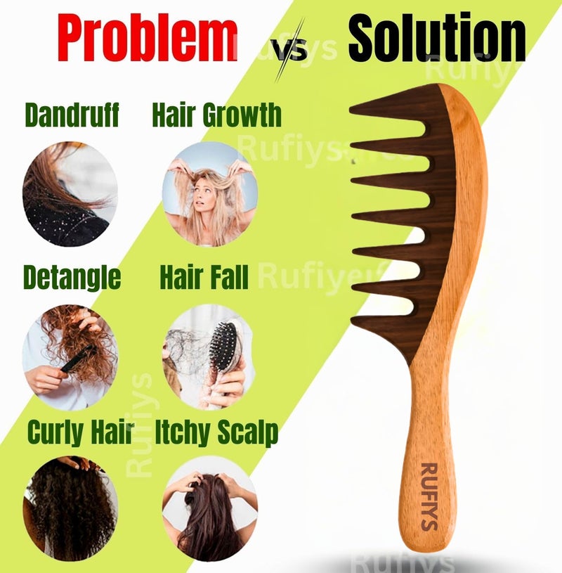 Rufiys Neem Wooden Hair Comb for Women & Men | Hair Growth | Dandruff Remover | Curly Hair Neem Wood Wide Tooth for Detangler - Image 3