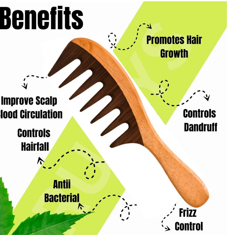 Rufiys Neem Wooden Hair Comb for Women & Men | Hair Growth | Dandruff Remover | Curly Hair Neem Wood Wide Tooth for Detangler - Image 2