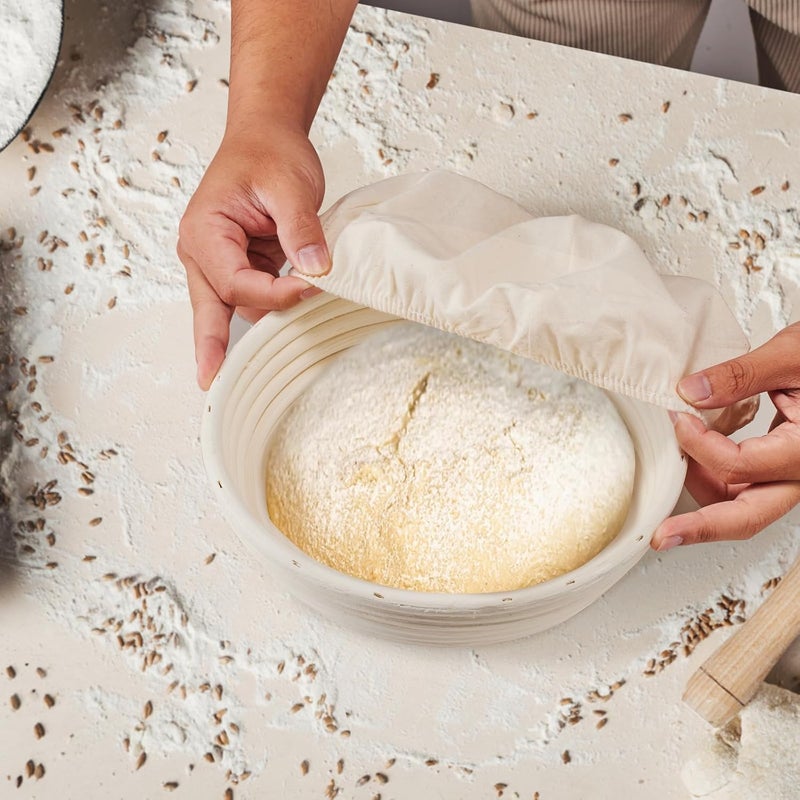 Dimpola Banneton Bread Proofing Basket - 9 inch Banneton Basket Set of 2 Sourdough Proofing Basket Round Proofing Bowls Handmade Rattan Baskets and Liners - Image 5