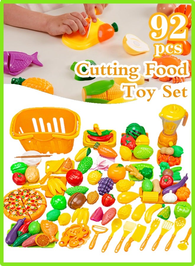 92PCS Cutting Play Food Toy for Kids Kitchen,Pretend Fruit &Vegetables Accessories with Shopping Storage Basket and, Kids Kitchen Accessories set with Plastic Mini Dishes and Knife,Perfect Educational Toy for Toddlers Boys & Girls，Educational Toy for Toddler Children Birthday Gift, Play Food for Toddlers 1-3 Years Old - Image 1