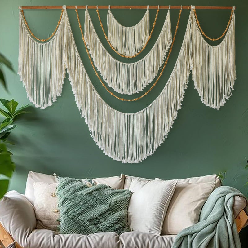 Flber Large Macrame Wall Hanging â€“ Boho Yarn Art Garland with Tassels and Beads, Handmade Rope Decor for Nursery, Party, Wedding, Bedroom, Fireplace Mantel, or Photo Backdrop 57" W x 41" L - Image 1