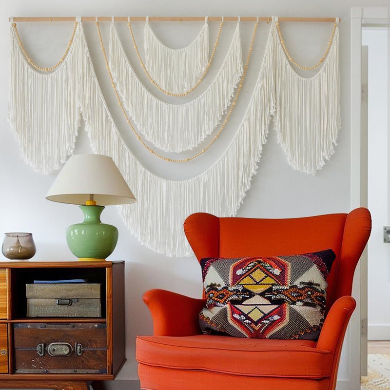 Flber Large Macrame Wall Hanging â€“ Boho Yarn Art Garland with Tassels and Beads, Handmade Rope Decor for Nursery, Party, Wedding, Bedroom, Fireplace Mantel, or Photo Backdrop 57" W x 41" L - Image 3